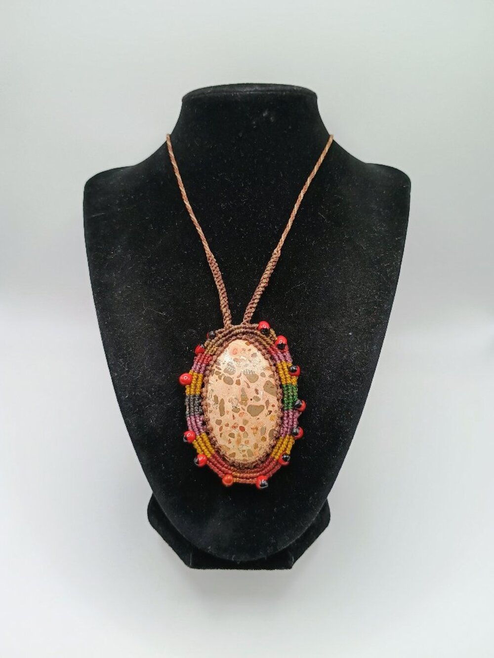 Macrame Necklace with Leopardite Stone and Huayruro Seeds - Spiritual Amulet